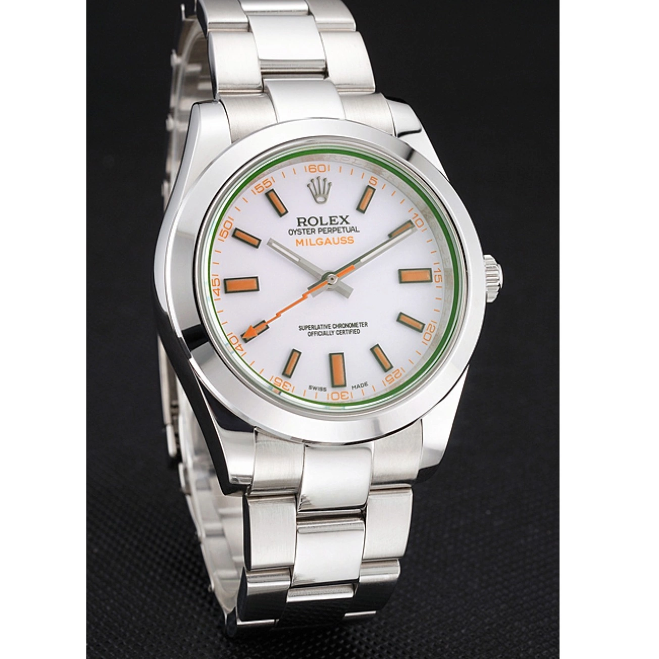 Aaa replica watch Steel Markings Case Orange Dial And White Swiss Stainless Rolex Milgauss Bracelet 0731